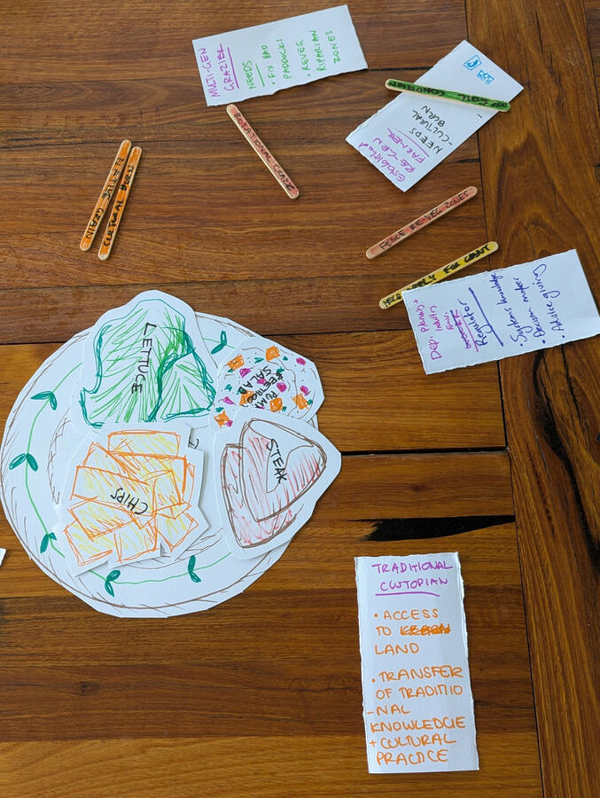 Hand-drawn game maps showcasing ideas around traditional knowledge, resource access, and landscape restoration.