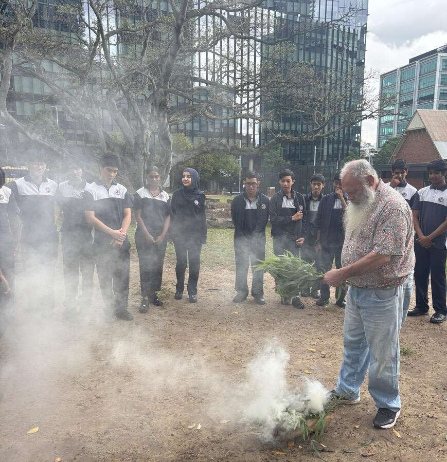 Uncle Colin Locke from Muru Mittigar performing a smoking ceremony for workshop participants